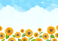 ひまわりと夏の空の手描き水彩背景