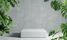 One Rectangle Podium In Grey Loft Color Background With Monstera Plant Foreground. Abstract Wallpaper Template Element And Architecture Interior Object Concept.3D Illustration Rendering