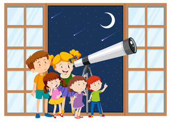 Wall Mural - kids observe night sky with telescope
