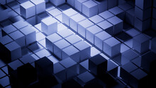 Blue And Black, Glossy Cubes Perfectly Aligned To Create A Modern Tech Background. 3D Render.
