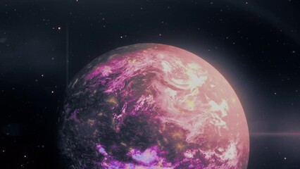 Poster - Cosmic background with an unknown alien planet. Motion. Slowly rotating spherical shape planet in galaxy surrounded by stars.
