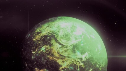 Poster - 3D animation with planet in space. Motion. Colored planet with radiation in space. Planet with colored light in 3D space. Astronomy