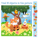 Fototapeta Pokój dzieciecy - Find 10 hidden objects. Educational game for children. Fox read book, chicken blow on dandelion. Vector color illustration.