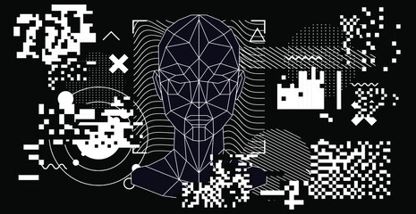 Leinwandbilder - Abstract geometric composition with 3D polygonal model of a human head. Sci-fi futuristic vector illustration.