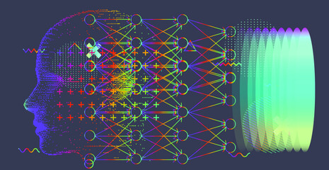 Aufkleber - Abstract composition with 3D pixel human head and geometric shapes. Sci-fi futuristic style vector illustration in holographic colors.