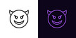 Outline devil emoji icon, with editable stroke. Evil emoticon with horns and smile, demon face pictogram. Mockery emoji