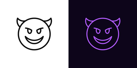 Wall Mural - Outline devil emoji icon, with editable stroke. Evil emoticon with horns and smile, demon face pictogram. Mockery emoji