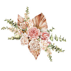 Trendy dried palm leaves, blush pink rose, pale protea, white orchid, pampas grass watercolor design wedding bouquet. Trendy flowers. 