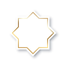 Eight Point White Star With Gold Frame On Borders Vector Illustration. Islamic Symbol Of Octagonal Shape With Glitter, Symmetry And Shadow, Abstract Geometric Decorative Badge Isolated On White