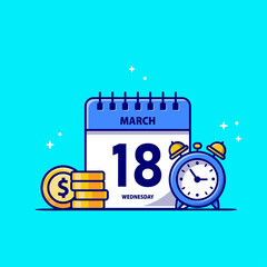 Calendar, Gold Coin And Clock Cartoon Vector Icon Illustration. Business Finance Icon Concept Isolated Premium Vector. Flat Cartoon Style