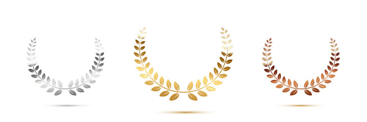 Golden, silver and bronze award signs with laurel wreath isolated on white background. Vector award design templates