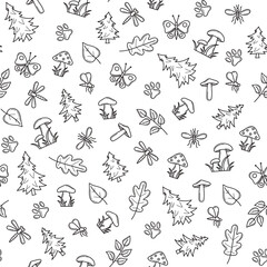 Autumn forest seamless pattern with mushrooms and plant elements in doodle style. Texture for fabric, wrapping, textile, wallpaper, apparel. Continuous nature print in sketch. Line vector illustration