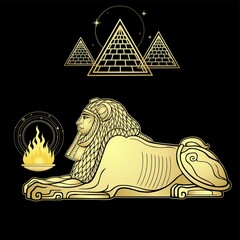 Wall Mural - Animation color portrait: Egyptian sphinx body of a lion and the head of a man. Ritual fire, ancient pyramids. Vector illustration isolated on a black background. Imitation of gold.