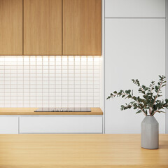 Wall Mural - modern japandi kitchen interior design with tiles white wall and close-up wooden tabletop. white room apartment ideas. 3D rendering