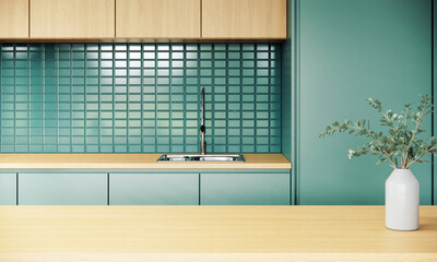 Wall Mural - Mock up studio kitchen interior design and decoration in minimal and modern Japandi style with tiles green wall. 3d apartment room ideas.