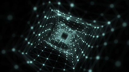 Poster - Abstract 3d portal. Square tunnel or wormhole. Digital background with connected green dots. 3d rendering.