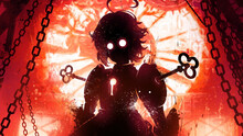 A Black Blob Silhouette Of A Doll Girl, She Is Like A Creepy Revived Dead Man With Glowing Round Eyes, Wind-up Keys In Her Shoulders And A Keyhole In Her Chest, A Window With Mechanisms Behind. 2d Art