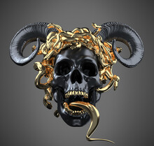 Concept Illustration 3D Rendering Of Screaming Black Skull With Goat Devilish Horns, Golden Teeth And Tongue Wearing A Medusa Snakes Hair Headpiece Isolated On Grey Background.