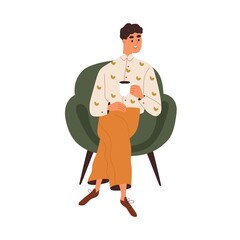 Poster - Man sitting in chair with cup at coffee break. Happy employee relaxing in armchair, holding tea mug. Smiling office worker resting. Flat graphic vector illustration isolated on white background