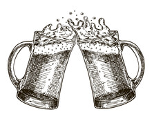 Vector Image Of Two Mugs Of Beer. Drinks With A Lot Of Foam. Two Hand Drawn Clinking Beer Mugs With Foam