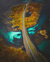 Aerial View Of A Road In The Lofoten Islands, Norway.