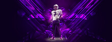Bright Poster With American Football Player Standing Isolated On Dark Background With Purple Polygonal And Fluid Neon Elements. Art, Creativity, Sport