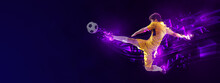 Flyer. Creative Artwork With Soccer, Football Player In Motion And Action With Ball Isolated On Dark Background With Polygonal And Fluid Neon Elements. Art, Creativity, Sport