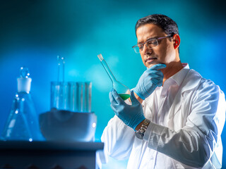 Poster - Test tube doctor. Indian man doctor. Laboratory assistant researcher in white coat. Medical flask in hand of hospital employee. Guy in medical laboratory. Medical worker experimenting with reagents