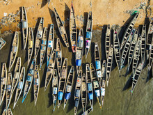 Aerial View Of Traditional Fishing Boat In A Small Harbour On The Beach Along The Coast Near Freetown, Sierra Leone.