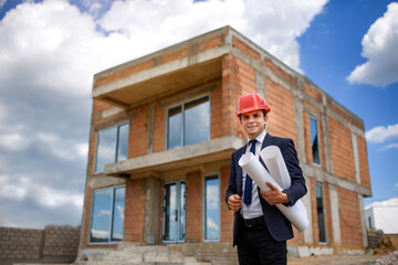 Wall Mural - man engineer architect in red helmet is holding a paper plan of a building at the construction site and verifying the working process..