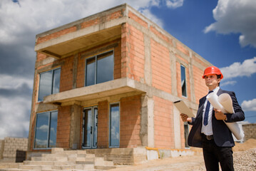 Wall Mural - young man engineer architect in red helmet is holding a paper plan of a building at the construction site and verifying on the tablet..