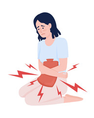 Poster - sickly looking girl with hot water bottle semi flat color vector character. editable figure. full bo