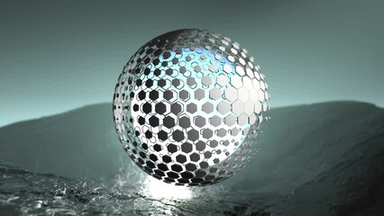 Poster - loop 3d animation of a fantastic landscape with a futuristic sphere of hexagons and light. abstract 