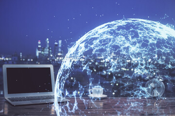 Poster - Computer on desktop with social network theme icon. Multi exposure. Concept of international connections.