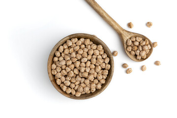 Wall Mural - wooden bowl and spoon of chickpeas isolated on white