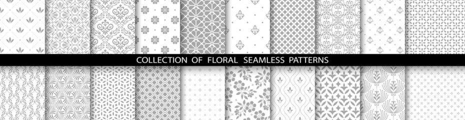 Geometric floral set of seamless patterns. White and gray vector backgrounds. Simple illustrations