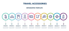 Travel Accessories Concept Infographic Design Template. Included Hang, Taxi Transportation, Prayer Room, Ripped Jeans, Beach Postcard, Bath Towel, Baggage Verification, Spring Sun, Sanitizer Icons