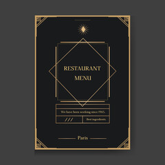Black restaurant menu design with premium gold frame pattern. Elegant luxury cover template for creative cafe menu, luxury menu, invitation, notepad