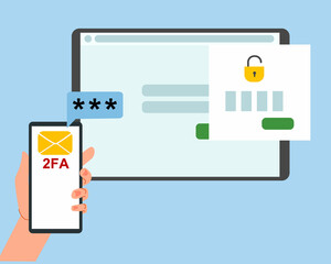 The concept of two-factor authentication security. Notification of login confirmation with a message to the phone. Smartphone in hand. Lock icons in the tablet account. Vector illustration