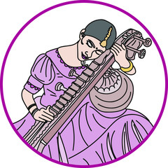 Wall Mural - Veena vadan logo, Sitar vadak vector, Indian Music Logo, Sketch drawing of Indian woman playing indian music instrument calling Sitar, Sitar vadan logo in hindi font, Translation - Sitar Vadan