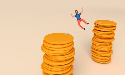 Aufkleber - Man balancing on a tightrope between two stacks of coins. 3D Rendering