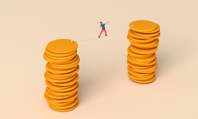 Aufkleber - Man balancing on a tightrope between two stacks of coins. 3D Rendering