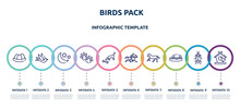 Birds Pack Concept Infographic Design Template. Included Egg In A Nest, Black Bird, Moon And Stars, Dog Paw, Dog Smelling A Bone, Race Horse With Jockey, Horse Running, Dog Resting, Bird And House