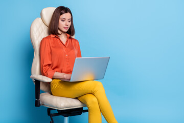 Poster - Profile side photo of young woman chat report laptop sit chair manager isolated over blue color background