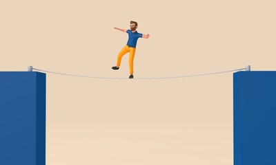 Aufkleber - Person walking on a tight rope across a gap. Business challenge concept. 3D Rendering