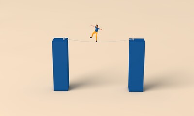 Aufkleber - Person walking on a tight rope across a gap. Business challenge concept. 3D Rendering