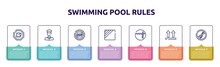 Swimming Pool Rules Concept Infographic Design Template. Included Cafe Bar, Policeman Figure, Food Not Allowed, Dry In Shade, Pool Depth, Lift, No Diving Icons And 7 Option Or Steps.