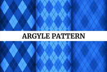 Argyle And Diamond Seamless Pattern Set With Square And Rhombus Shapes In Soft Blue And White Colors. Geometric Background Vector Designs.