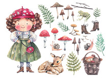 Girl In A Beret, Fly Agaric, Mushrooms, Ferns, Deer And Frog Illustrations Isolated On White Background. A Set Of Hand-drawn Watercolor Forest Illustrations.