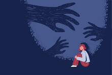A teenage girl around whom there is darkness and shadows of hands, a symbol of phobia, fear of darkness and nightmares.